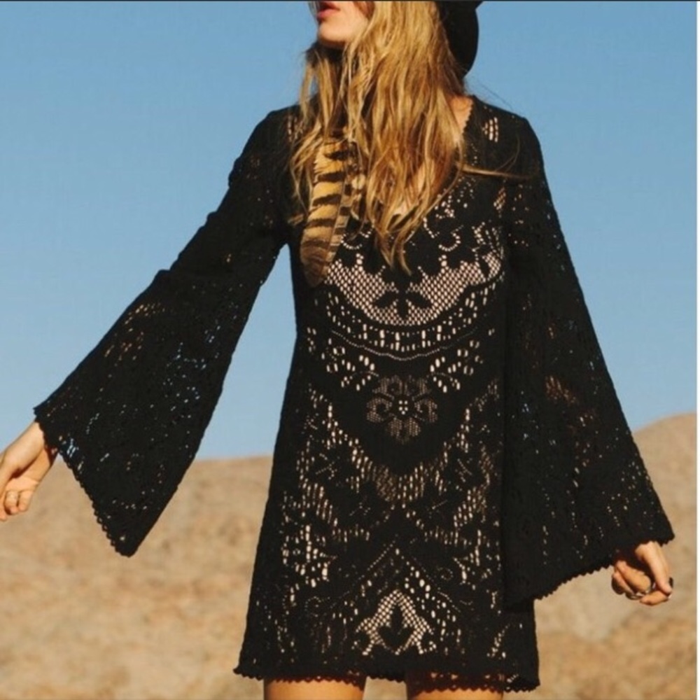 Spell Fleetwood crochet mini dress black+ slip / Small UFT or sale